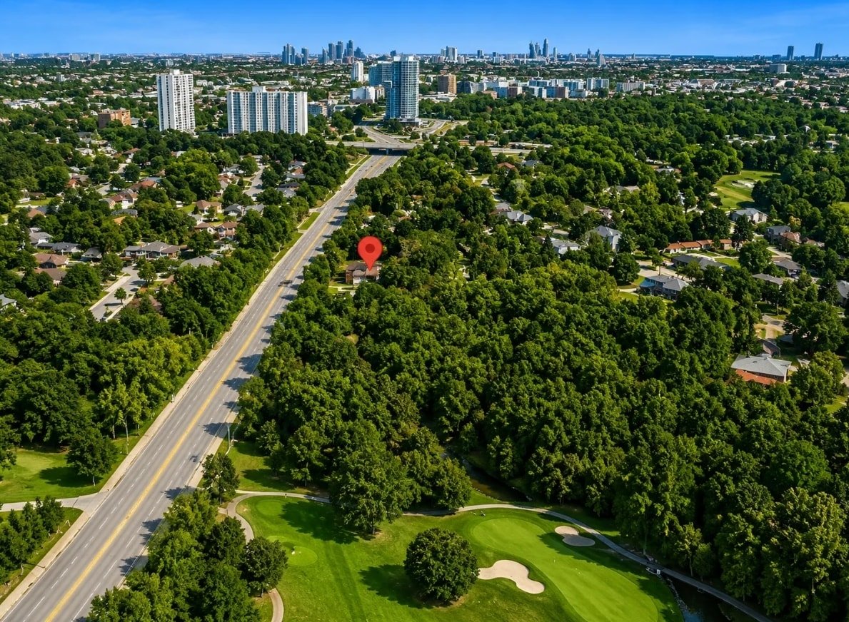 Aerial view of vacant land parcel surrounded by Toronto urban development